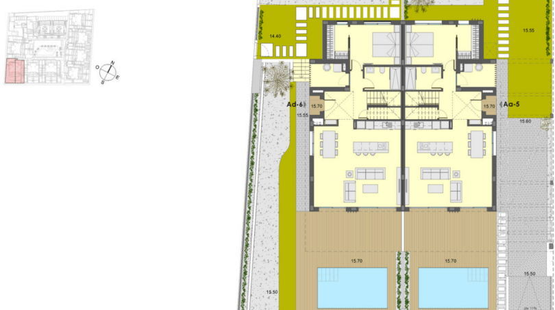 Grundriss einer Doppelhaushälfte in Cala Ratjada mit Pool, Terrasse und Garten, ca. 226 m² Grundstück.