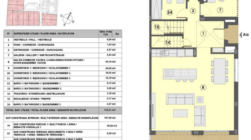 Grundriss einer Doppelhaushälfte in Cala Ratjada mit 133 m² Wohnfläche, Terrasse und Garten bis 285 m²