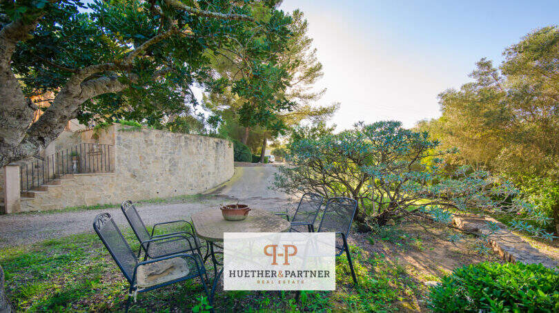 Gepflegter Gartenbereich der Finca Son Macià mit Sitzgruppe, altem Baum und rustikaler Natursteinmauer