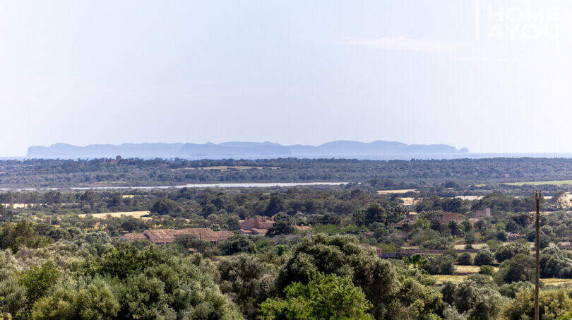 Panoramablick vom Eckreihenhaus in Ses Salines über grüne Landschaft bis zum Meer mit Inselsilhouette