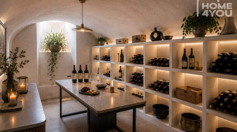Eleganter Gewölbekeller des Herrenhauses in Porreres mit beleuchteten Weinregalen, Verkostungstisch und Kerzenambiente.