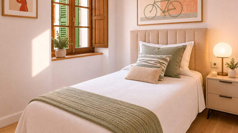 Helles Schlafzimmer im Herrenhaus Porreres mit Holzfensterläden, Doppelbett und mediterranem Kunstwerk
