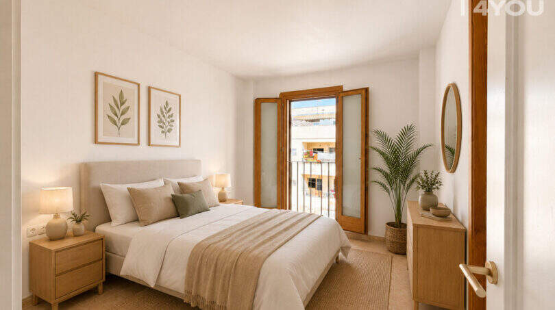 Helles Schlafzimmer der Wohnung in Llucmajor mit Doppelbett, Holzmöbeln und Balkonzugang
