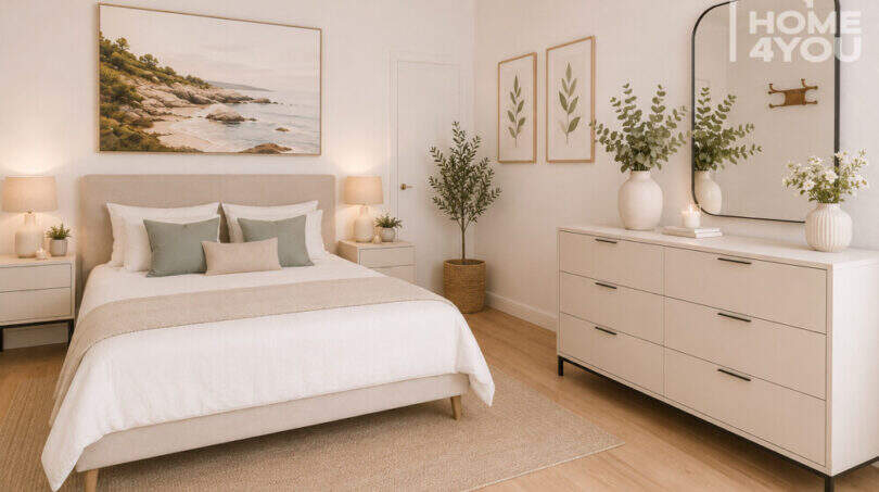 Helles Schlafzimmer im Herrenhaus Porreres mit Doppelbett, Kommode, Naturholzboden und dekorativer Wandkunst