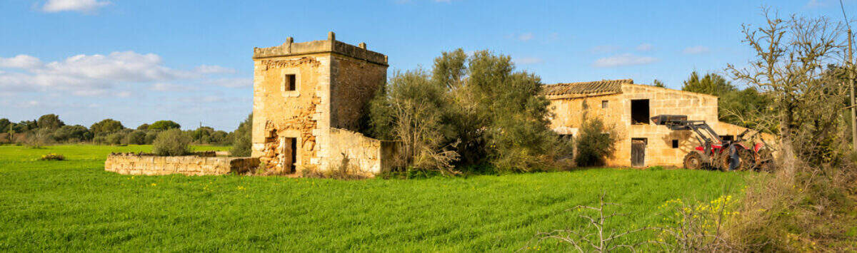 Finca histórica de piedra natural cerca de Campos, con torre, edificios de servicio y amplias vistas verdes, en una parcela de 21 300 m²