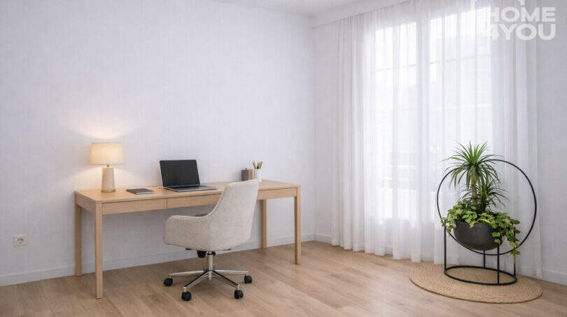 Helles Arbeitszimmer mit Holzschreibtisch, Laptop, Schreibtischlampe und Pflanzen im historischen Herrenhaus Porreres