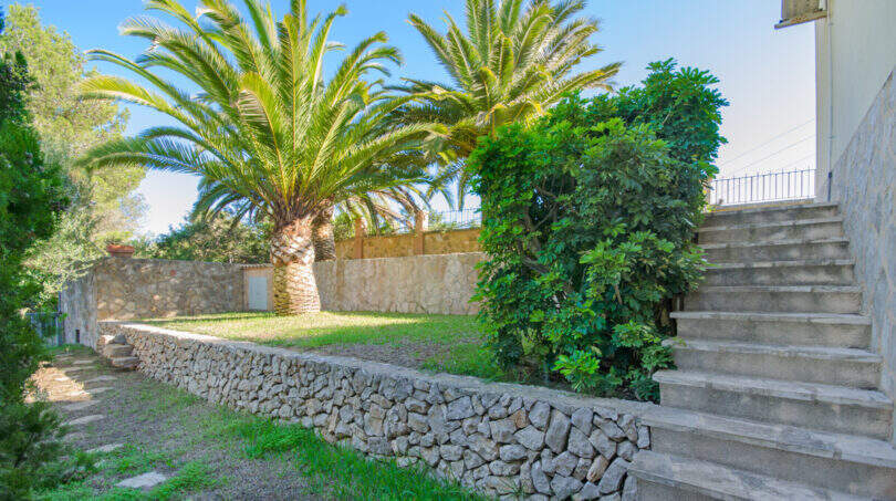 Gepflegter Garten der Finca Son Macià mit Palmen, Natursteinmauern und Treppenaufgang zur Terrasse