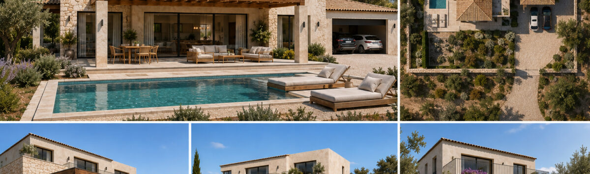 Mediterranean stone villa in Llucmajor with pool, terrace, garage and balcony – aerial view shows property with sea view.