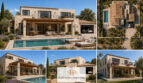 Mediterranean stone villa in Llucmajor with pool, terrace, garage and balcony – aerial view shows property with sea view.
