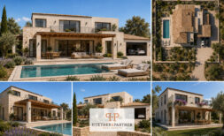 Mediterranean stone villa in Llucmajor with pool, terrace, garage and balcony – aerial view shows property with sea view.