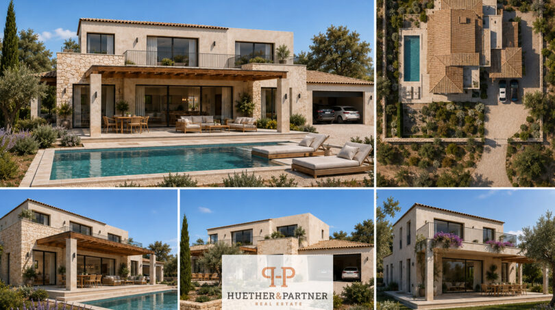 Mediterranean stone villa in Llucmajor with pool, terrace, garage and balcony – aerial view shows property with sea view.
