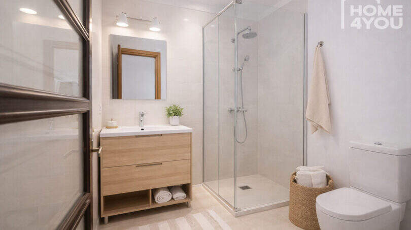 Modernes Bad im Herrenhaus Porreres: Glasdusche, Holzwaschtisch, WC und natürliche Dekoration in hellem Design.