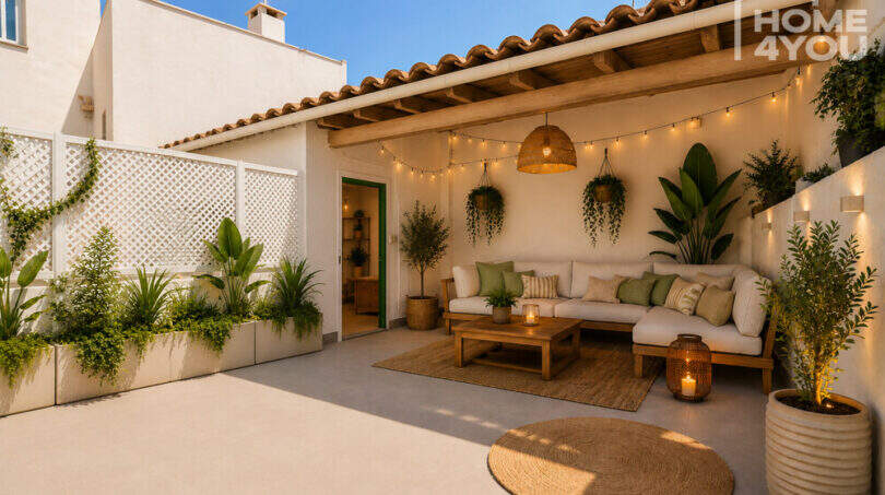 Mediterraner Patio des Herrenhauses in Porreres mit Loungebereich, Holzmöbeln, Lichterketten und üppigen Pflanzen