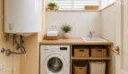 Hauswirtschaftsraum mit Bosch-Waschmaschine, Waschbecken, Weidenkörben und Boiler in Wohnung Llucmajor