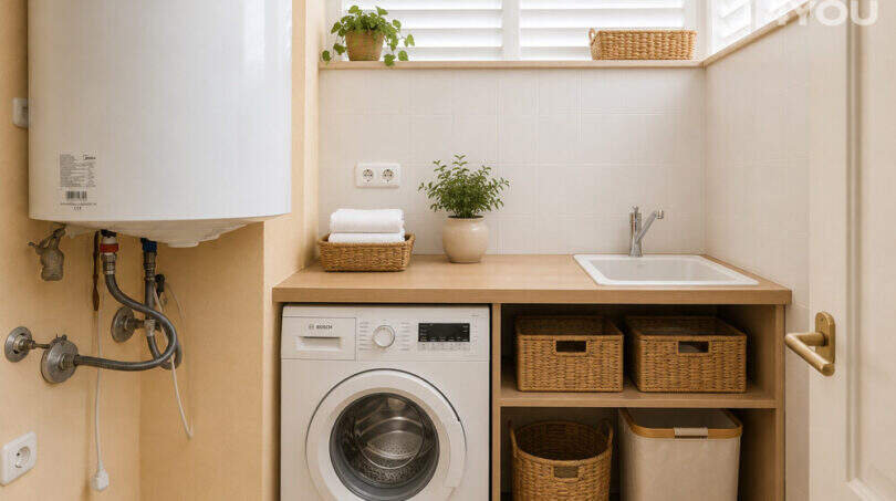 Hauswirtschaftsraum mit Bosch-Waschmaschine, Waschbecken, Weidenkörben und Boiler in Wohnung Llucmajor