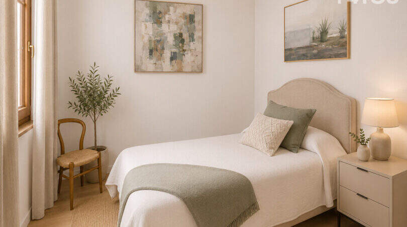 Helles Schlafzimmer im Herrenhaus Porreres mit natürlichen Materialien, Holzboden und ruhiger Naturästhetik