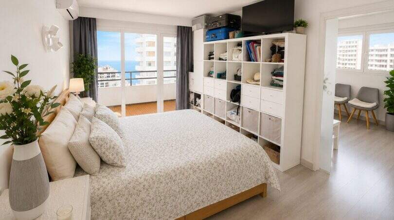 Helles Schlafzimmer im Meerblick-Penthouse Cala Major mit Doppelbett, Balkon und weißem Regal.