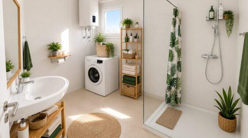 Helles Badezimmer mit Dusche, Waschmaschine, Bambus-Regal und grünen Pflanzen im Penthouse Cala Major.