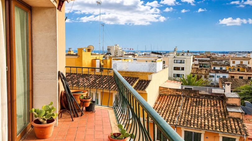 Balcón soleado con cactus, vistas sobre los tejados de Palma y el mar, arquitectura mediterránea