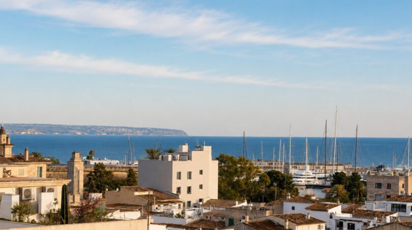 Panoramablick vom Penthouse über Palmas Dächer auf den Hafen mit Segelbooten und das blaue Mittelmeer.