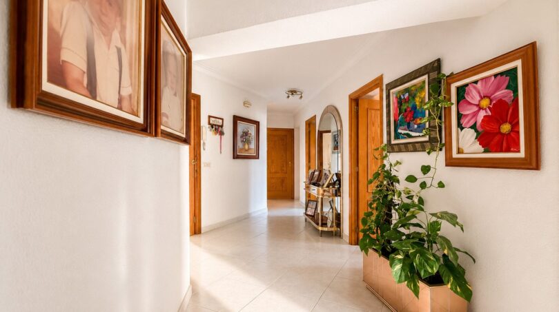 Heller Flur des Penthouses in Palma mit Kunstgemälden, Zimmerpflanze und Holztüren.