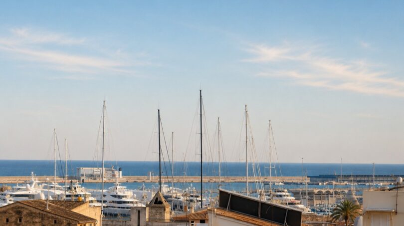 Dachterrassen-Ausblick auf den Hafen von Palma mit Segelyachten und Mittelmeer-Panorama