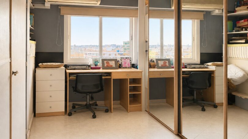 Helles Arbeitszimmer im Penthouse Palma mit Schreibtisch, Spiegelschrank und Stadtblick aus dem Fenster.