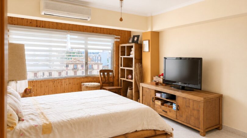 Helles Schlafzimmer mit Bambusbett, TV-Kommode, Klimaanlage und Fenster mit Stadtblick über Palma