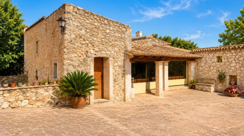 Rustikale Finca bei Sencelles: Innenhof mit Natursteinmauern, überdachter Terrasse und mediterraner Bepflanzung.