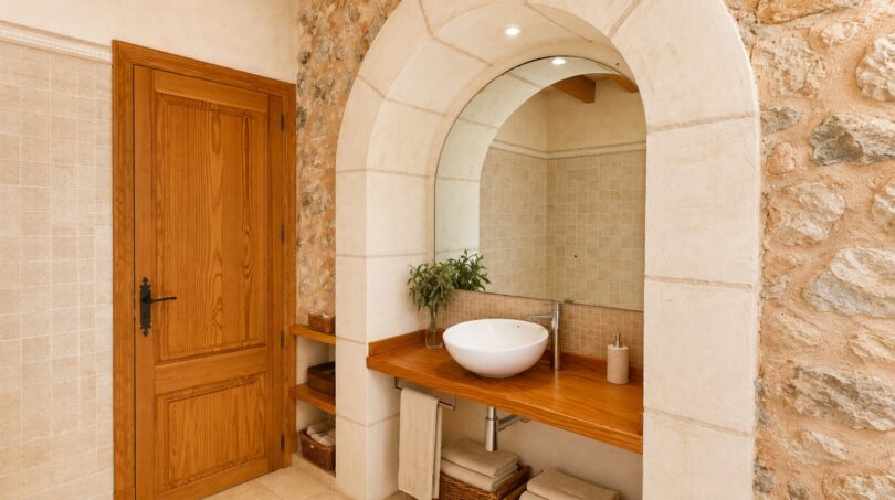 Badezimmer der Finca mit Steinbogen, Holzwaschtisch, Aufsatzwaschbecken und rustikaler Natursteinwand.