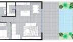 Grundriss Erdgeschoss: offener Wohn-Essbereich, Küche, Schlafzimmer, Bad und Terrasse mit Pool.