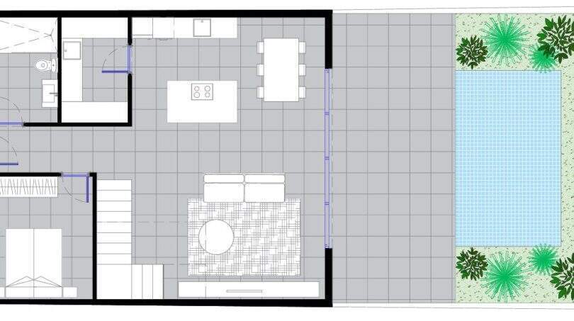 Grundriss Erdgeschoss: offener Wohn-Essbereich, Küche, Schlafzimmer, Bad und Terrasse mit Pool.