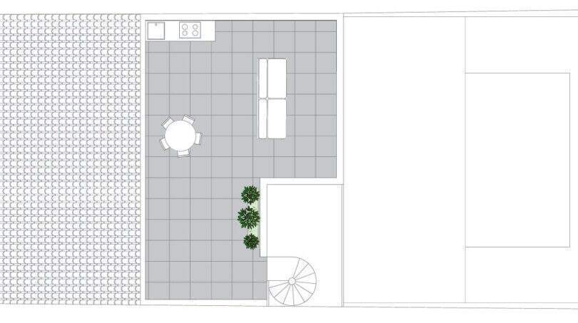 Grundriss Dachterrasse mit Küche, Sitzbereich, Wendeltreppe und Grünpflanzen – Stadthaus Portixol Palma