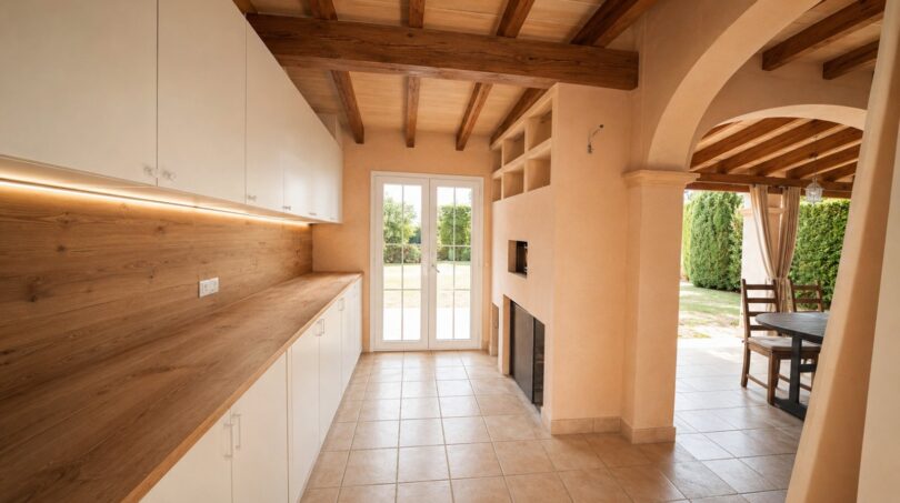 Helle Küche mit Holzbalkendecke, weißen Schränken und Holzarbeitsplatte, Kamin und Blick auf Terrasse