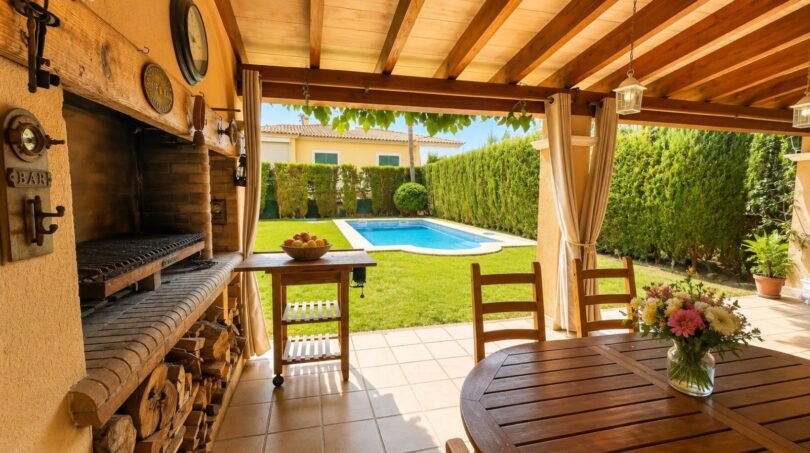Überdachte Terrasse mit Grillkamin und Holztisch, Blick auf gepflegten Garten mit Pool der Doppelhaushälfte in Llucmajor