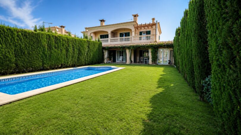 Garten mit Salzwasserpool und Rasenfläche der Doppelhaushälfte in Puig de Ros, Llucmajor