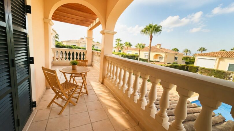 Sonniger Balkon mit Holzmöbeln, Bogenkonstruktion und Blick auf Poolanlage und Palmen in Puig de Ros