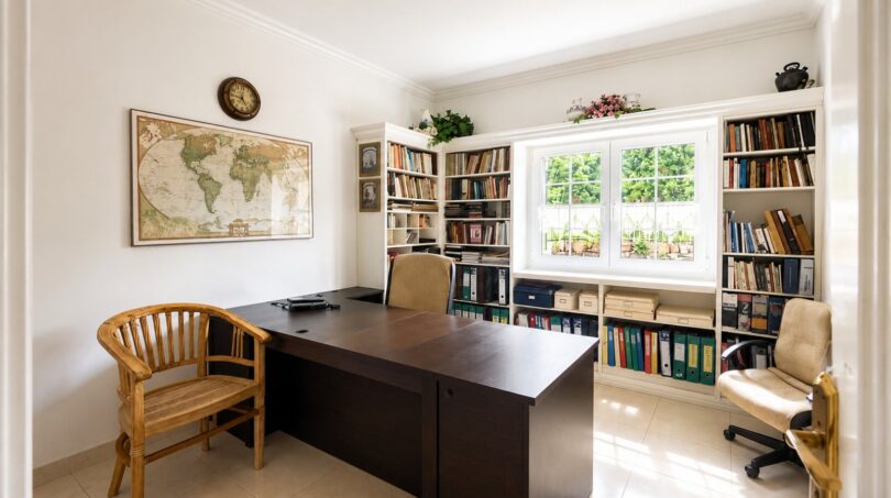 Helles Arbeitszimmer mit dunklem Schreibtisch, Weltkarte, Bücherregalen und Fenster zur Gartenansicht in Doppelhaushälfte Llucmajor