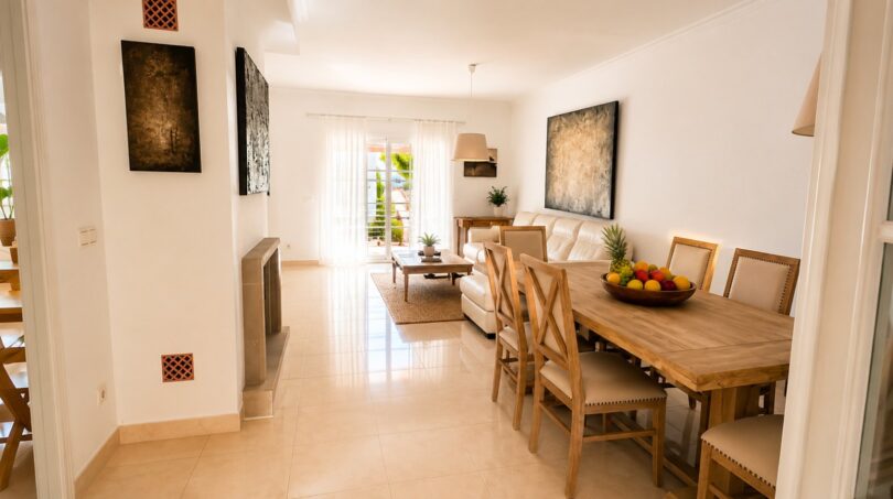 Helles Wohn- und Esszimmer der Doppelhaushälfte in Puig de Ros mit Holztisch, weißen Sofas und Terrassenzugang.