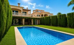 Exterior view of the semi-detached house in Puig de Ros with blue saltwater pool, manicured lawn and Mediterranean facade.