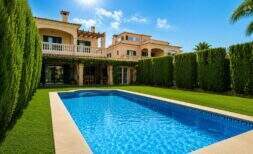 Outdoor area of the semi-detached house in Puig de Ros with blue saltwater pool, well-maintained lawn and Mediterranean villa.