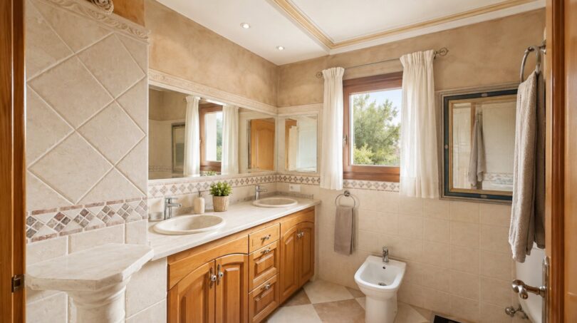 Elegantes Badezimmer der Finca Llucmajor mit Doppelwaschbecken, Holzmöbeln und mediterranen Fliesen