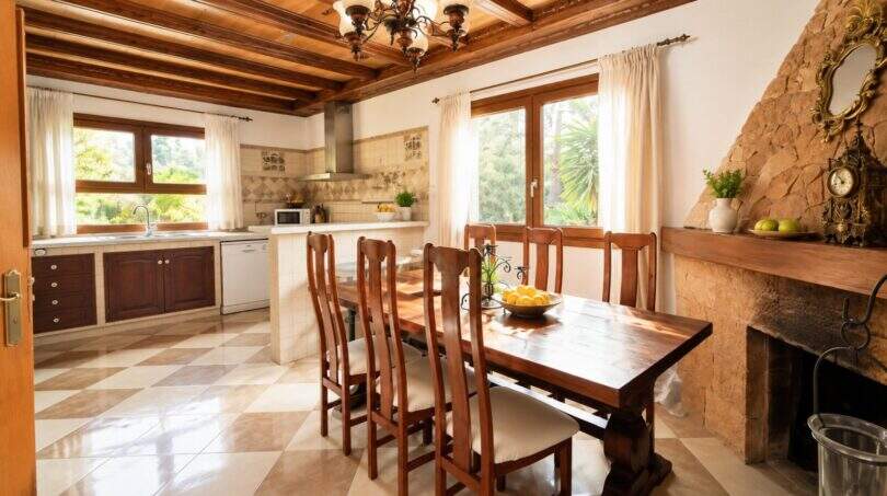 Rustic dining room of the Llucmajor finca with wooden beam ceiling, stone wall, fireplace and adjacent kitchen area