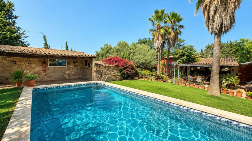Pool mit Natursteinhaus, Palmen und üppigem Garten der Finca bei Llucmajor