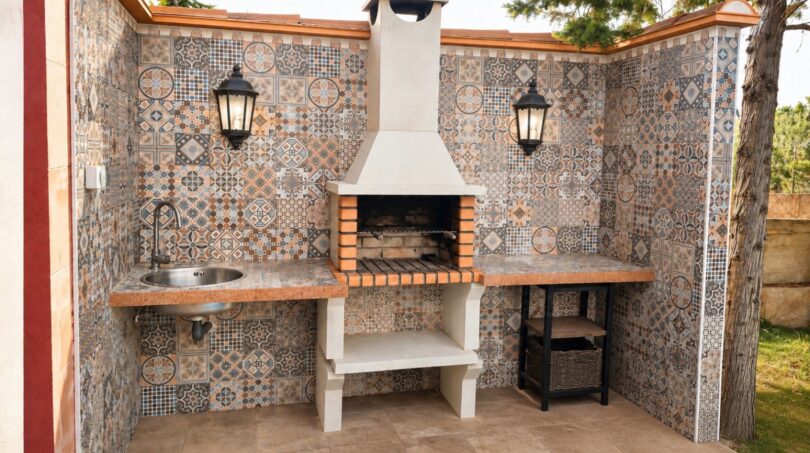 Überdachte Außenküche der Finca mit Grillkamin, Spüle und dekorativen Mosaikfliesen bei Llucmajor