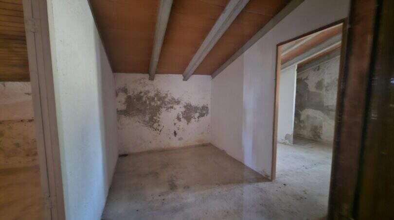 Renovierungsbedürftiger Dachboden der Finca in Porto Cristo mit Holzbalkendecke und Feuchtigkeitsschäden an den Wänden.