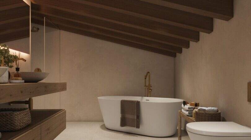 Elegantes Badezimmer mit freistehender Wanne, Holzbalkendecke und goldenen Armaturen im Stadthaus Felanitx