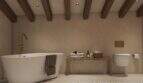 Elegantes Badezimmer mit freistehender Badewanne, Holzbalkendecke und wandhängendem WC im Stadthaus Felanitx