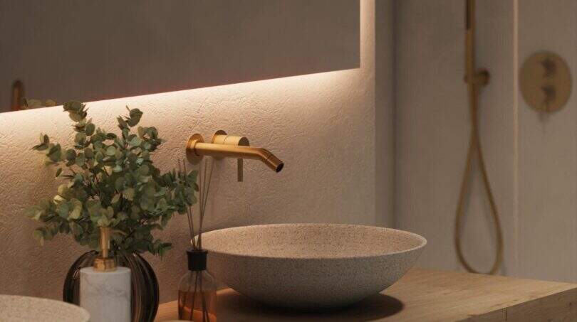Modernes Badezimmer mit Naturstein-Waschbecken, Holzablage und goldenen Armaturen im renovierten Stadthaus Felanitx