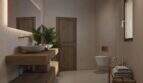 Modernes Badezimmer mit Holzwaschtisch, Naturstein-Waschbecken und stimmungsvoller Beleuchtung im Stadthaus Felanitx